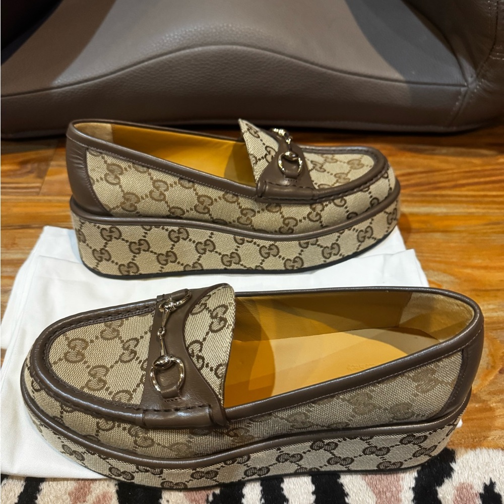 GUCCI Womens Ilde GG Supreme Canvas & Leather Flatform Loafers -Worn 1x 37.5/7.5 - Picture 14 of 16